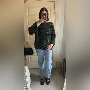 Vintage pom pom oversized chunky holiday green Christmas sweater size medium